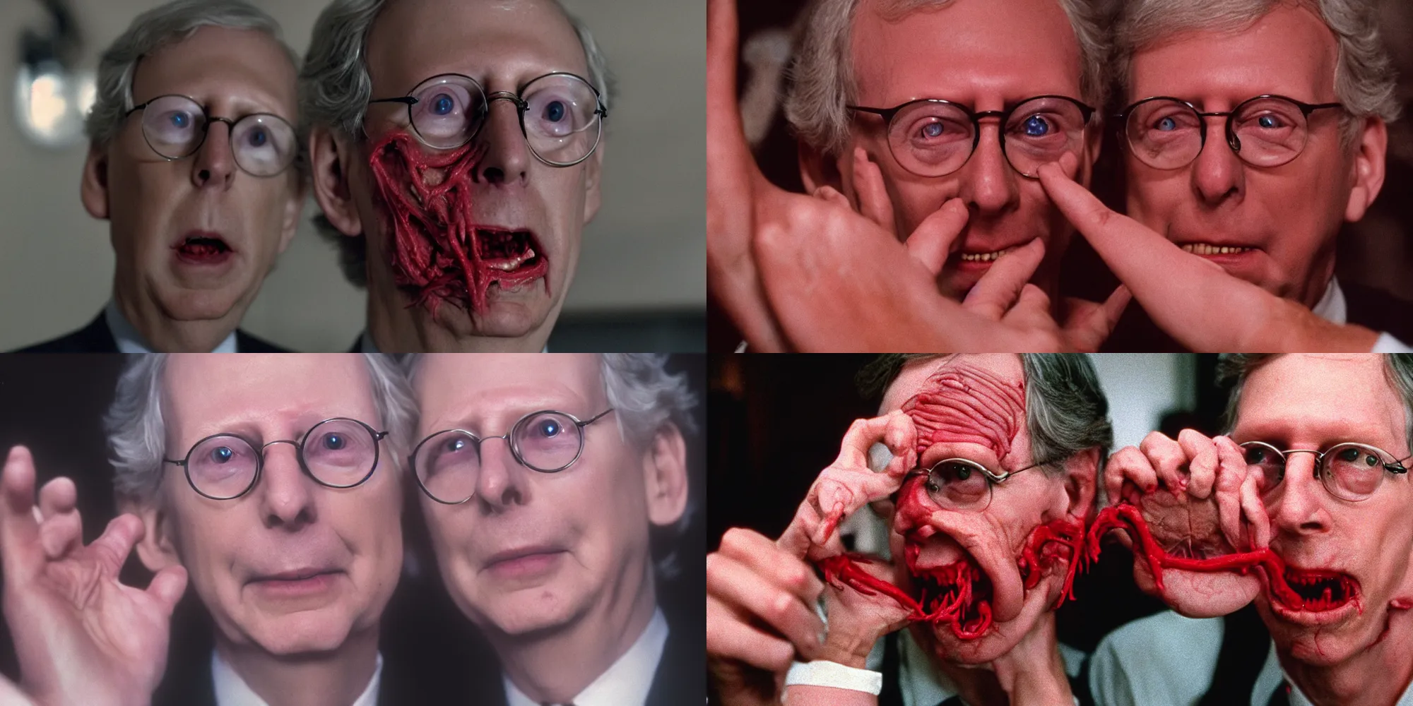 Prompt: mitch mcconnell body horror directed by david cronenberg, limb mutations, swollen veins, red flesh strings, broken teeth, cinestill 8 0 0 t, 1 9 8 0 s movie still, film grain