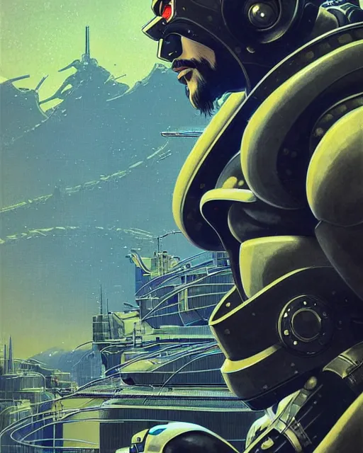 Prompt: hanzo from overwatch, cyber suit, archer, character portrait, portrait, close up, concept art, intricate details, highly detailed, vintage sci - fi poster, retro future, vintage sci - fi art, in the style of chris foss, rodger dean, moebius, michael whelan, katsuhiro otomo, and gustave dore