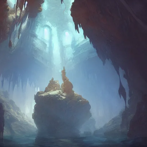 Image similar to masterpiece digital painting of underwater caves by kev walker and greg rutkowski and mucha, artstation, deviantart, closer view, cinematic lights