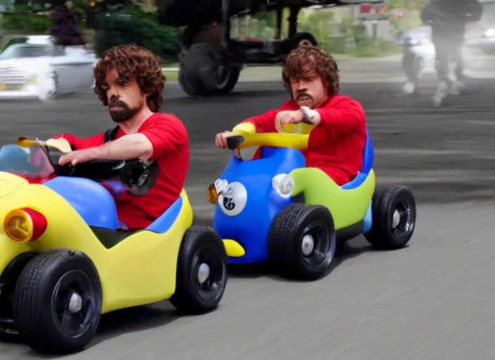 Prompt: peter dinklage racing against gary coleman driving a little tikes cozy coupe, movie still, from the new tokyo drift movie, 8 k, realistic