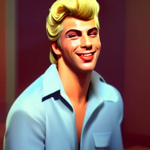 Image similar to a portrait of a beautiful blonde male from Grease (1978), smiling, Edward Hopper style, clear eyes, illustration, soft lighting, soft details, painting oil on canvas, octane render, HDR, trending on artstation, 4k, 8k, HD