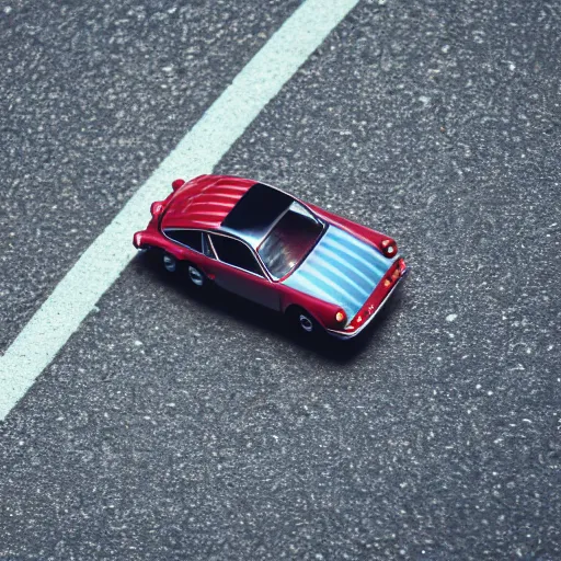 Image similar to close up photo of a small toy porsche 9 1 1 9 6 4 on a road stripe, cinematic, shallow dof, 3 5 mm, 4 k, macro