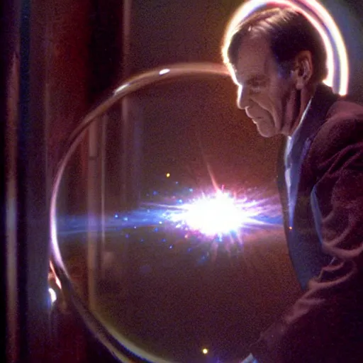 Image similar to Time traveler Sam Beckett from Quantum Leap in the middle of a leap, with his hologram friend Al Calavicci nearby in a glowing image chamber door