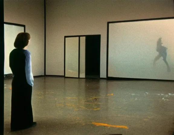 Image similar to medium size room with figure film still 1 9 9 2 industrial impressionism