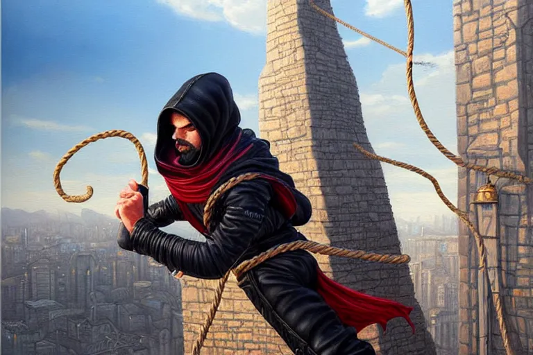 Image similar to landscape painting of a hooded thief in leathers using a rope to climb a tall building with a fantasy city, fine details, magali villeneuve, artgerm, rutkowski