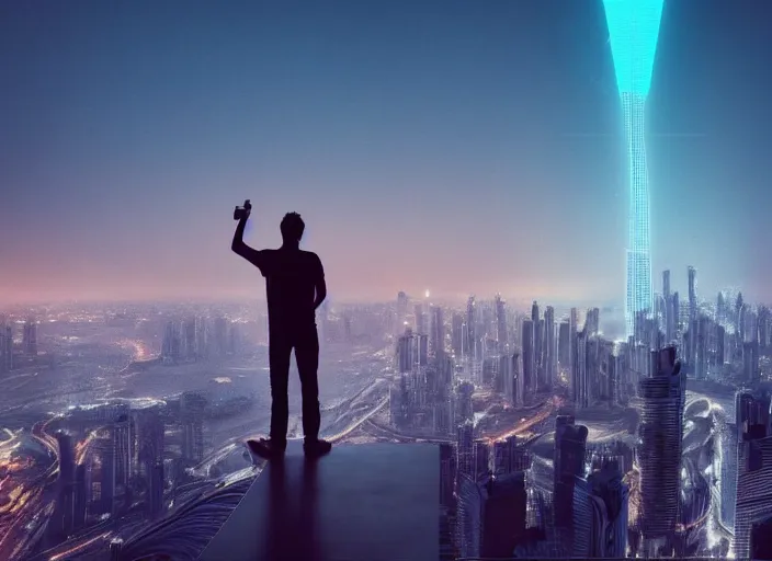 Image similar to closeup of a man [ standing on the pinnacle of the burj khalifa ]!!, holding a camera, viewing out into a [ futuristic cityscape ]!!, dusk atmosphere, digital art illustrated by max hay and greg rutkowski, [ 8 0 s neon art style ]!!, neon wallpaper!!, golden ratio!!, centered!!