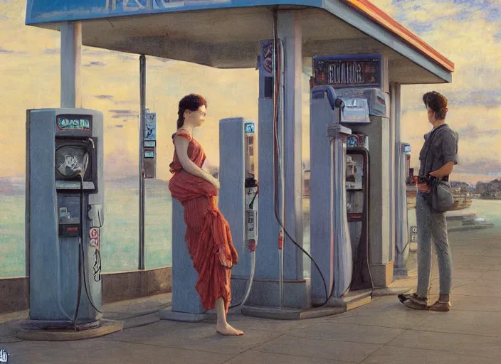 Image similar to people exterior gas station in the style of jeremy enecio, intricate, miles johnston, monet, cynical realism, john william godward, painterly, yoshitaka amano, miles johnston, louise zhang, pekka halonen, finnish naturalism, realism