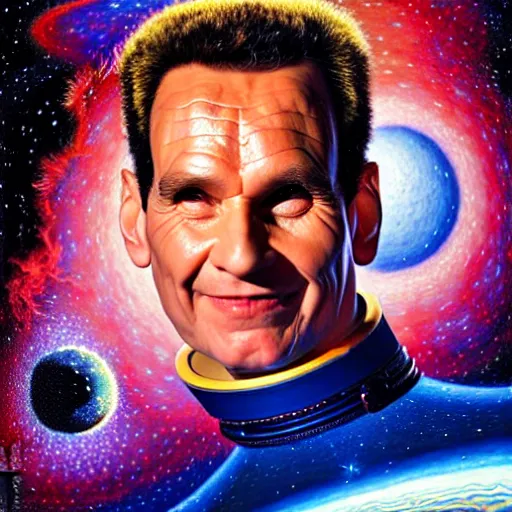 Prompt: uhd photorealistic cosmic arnold j. rimmer in space. amazing detail, correct face, symmetrical face, by karol bak and zawadzki, hyperdetailed. intricate details with studio lighting.