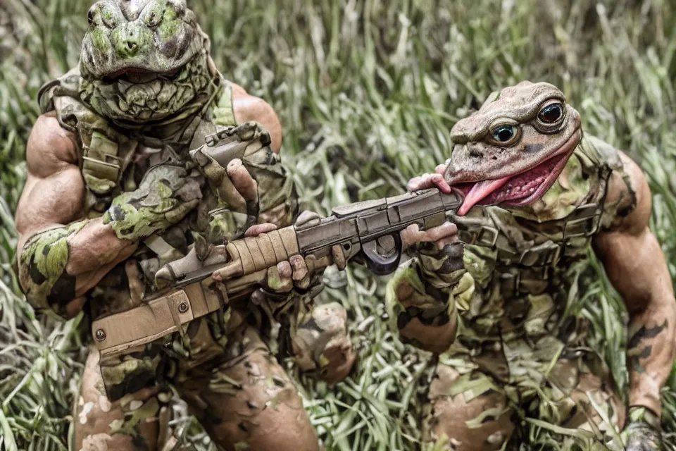 Prompt: muscular frog soldier holding a gun going to war in a swamp