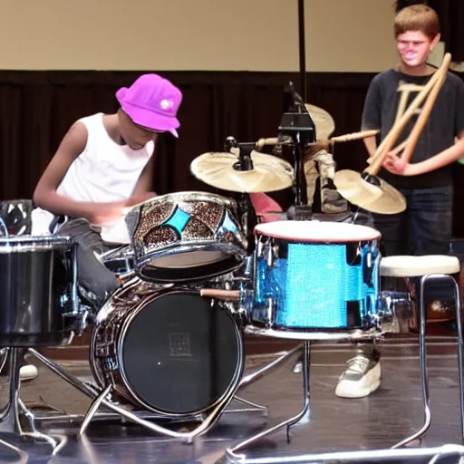 Image similar to the coolest kid in middleschool performing a super drum solo at the talent show