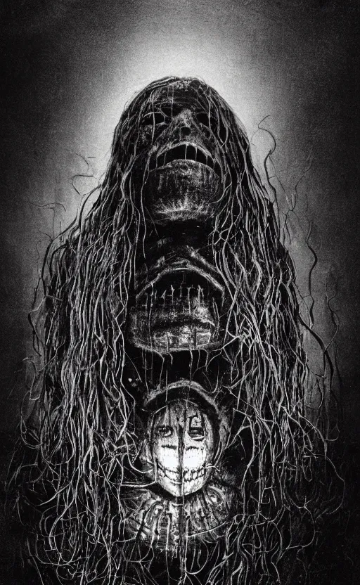 Image similar to portrait of slipknot, surrounded by beams of light dark background by wayne barlow, stanley donwood, anton semenov, zdzislaw bekinski, hr giger, 8 k, fantasy, dark, highly detailed