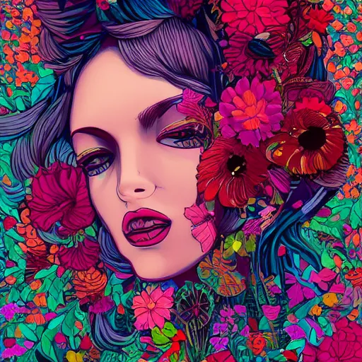 Image similar to a painting of a woman with flowers in her hair, directed gaze, digital art by james jean, featured on behance, photoillustration, behance hd, maximalist