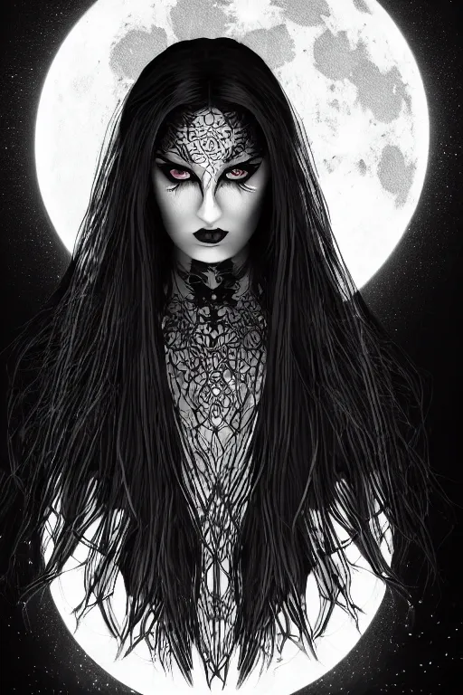 Image similar to close up portrait of a dark witch in front of the full big moon, vector graphic, clear lines, intricate, portrait, 8k highly professionally detailed, HDR, CGsociety