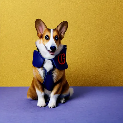 Prompt: a corgi looking at the camera, sitting on a yellow platform, wearing an elegant gucci leather vest, studio lighting, yellow background, 4K HD photography, 85mm
