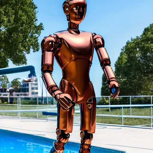 Image similar to a realistic detailed photo of a guy who is an attractive humanoid who is half robot and half humanoid, who is a male android, wrestler nick suriano, shiny skin, posing like a statue, blank stare, by the pool, on display, showing off his muscles, humanoid robot, frozen ice statue