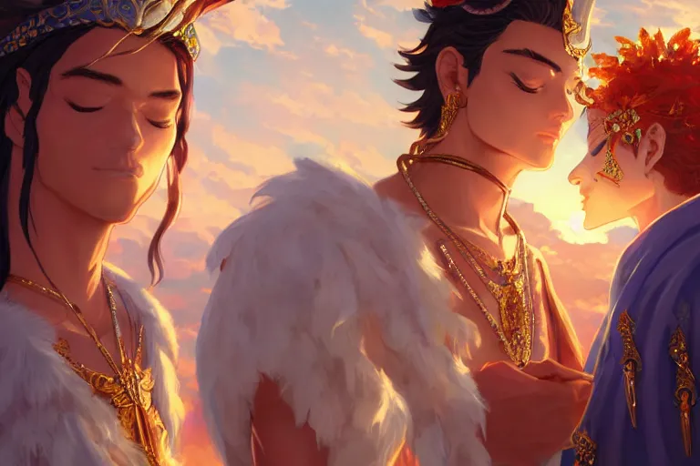 Image similar to close up moment of a divine a sun god and a moon goddess lovers magician at a wedding banquet, highly detailed, d & d, fantasy, 4 k realistic, digital painting, trending on artstation, concept art, sharp focus, illustration, art by makoto shinkai and akihiko yoshida and daniel gerhartz