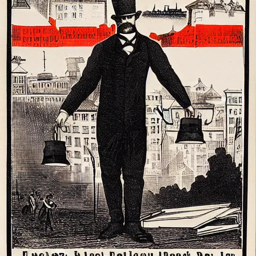 Image similar to 1 8 9 0 s capitalism poster, black and white engraving, eastern european look, with red ink used for emphasis, on antique yellowed paper. serious face of leader in the middle of poster, with intricate imagery of buildings and factories and laborers in the background