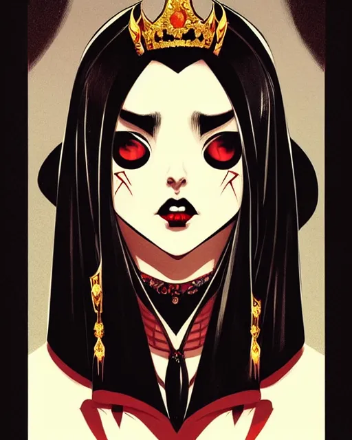 Prompt: beautiful vampire queen with crown, symmetrical face, evil, portrait, cinematic, dramatic, powerful, super detailed and intricate, by koson ohara, by darwyn cooke, by greg rutkowski, by satoshi kon