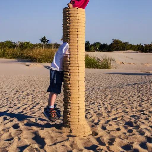 Image similar to kid standing on top of a 1 0 meter high sand tower