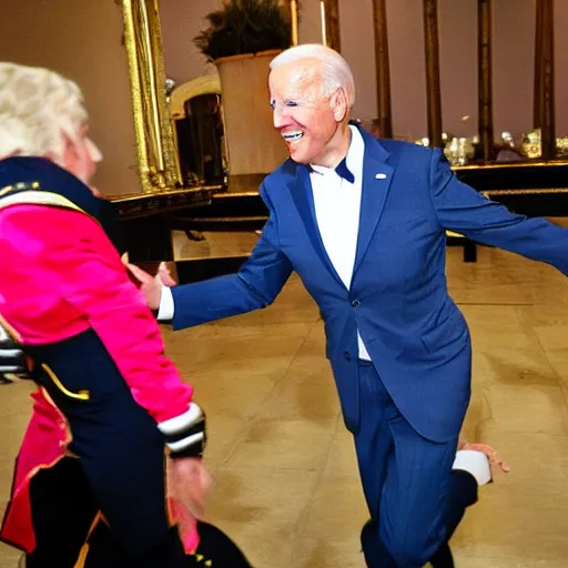 Image similar to joe biden, photograph, dancing, bzrger costume