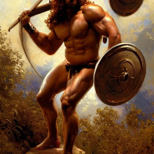 Image similar to Young greek god, muscular, greek armor, detailed face, thighs, painting by Gaston Bussiere, Craig Mullins