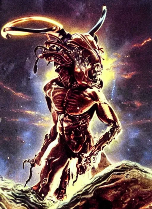 Image similar to sci - fi practical fx of an cyber minotaur being defeated. art by ridley scott and david cronenberg 1 9 7 0