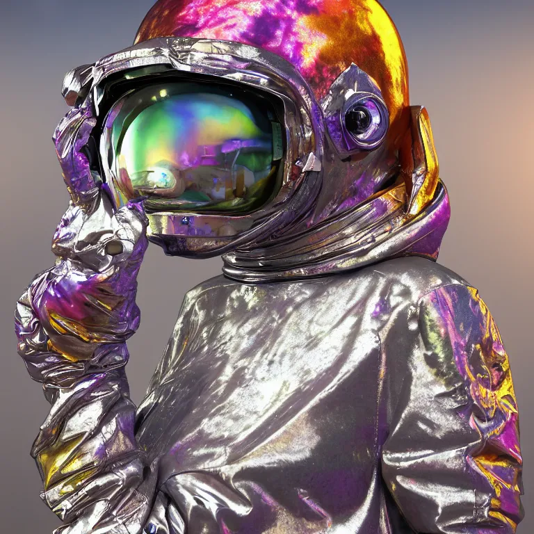 Image similar to octane render portrait by wayne barlow and carlo crivelli and glenn fabry, subject is a woman covered in tie - dye aluminum foil space suit with a colorful metallic space helmet, surrounded by alien plants, cinema 4 d, ray traced lighting, very short depth of field, bokeh