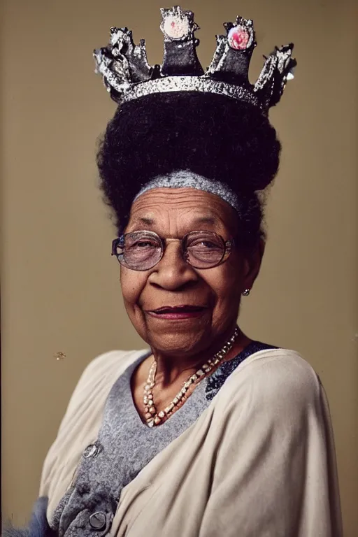 Image similar to a colour photograph of an elderly black lady with grey curly hair, wearing a crown and clothing of Queen Elizabeth the second, 50mm lens, portrait photography, taken by Robert Capa, studio lighting