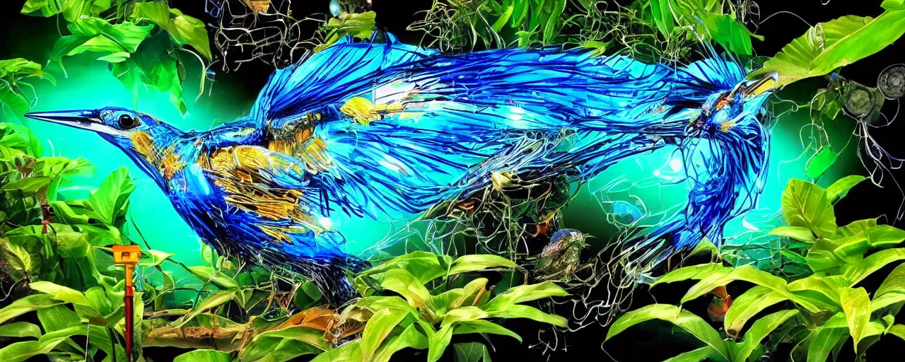 Image similar to cybernetic electric neon kingfisher close to a robotic bio organic pond full of compostables wires and bio degradable objects. Hyper realistic, hyper detailed.