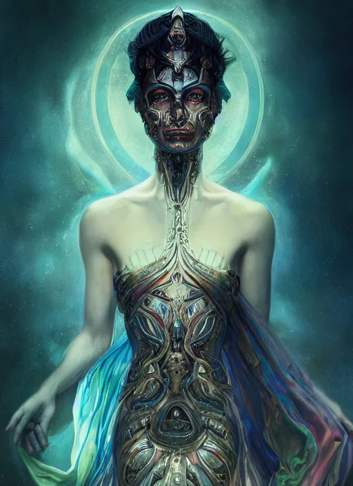 Prompt: epic portrait of menacing and anxious yet stunningly beautiful biomechanical djinn overseeing the iridescent fabric of the universe, by charlie bowater, mandy jurgens, gustav klimt, octane render, dramatic camera angle, 4k, 8k, high detail, HDR, by tom bagshaw, powerful, with inspiration from Beksinski, inspired by greek goddess Athena