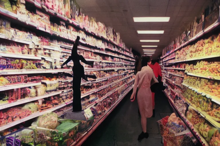 Image similar to 35mm color lomography, last photo, portrait, fashion shoot, weird, random, strange, spooky, hyperdetailed, photorealistic, high fashion, interesting, supermarket, david cronenberg