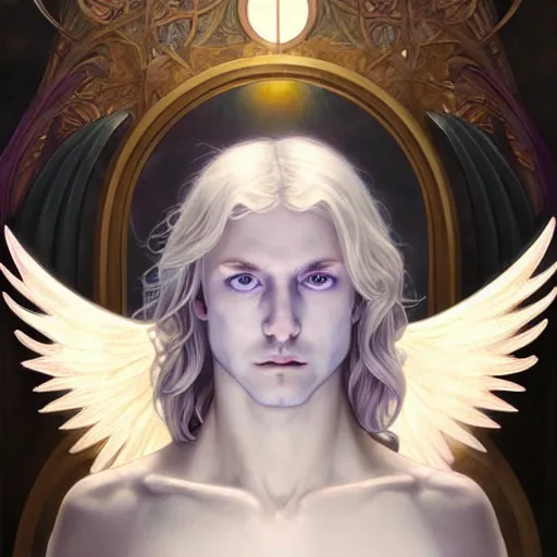 Image similar to the pale blond male angel of battle lucius wearing a white periwinkle, sci fi, glowing eyes, volumetric lights, gold theme, art nouveau botanicals, intricate, highly detailed, digital painting, artstation, concept art, smooth, sharp focus, cinematic, illustration, beautiful face, art by artgerm and greg rutkowski and alphonse mucha