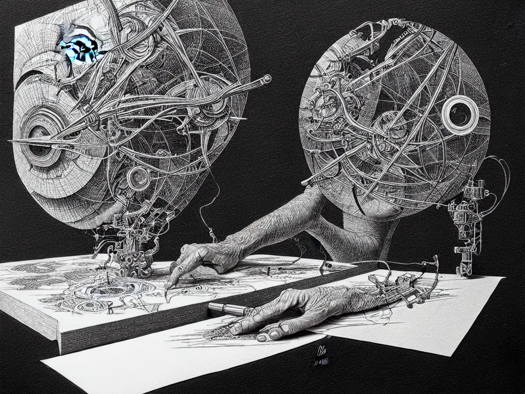 Prompt: highly detailed photo of plotter drawing life, trending on deviantart, neo surrealism, sharp focus, a lot of little details, octane, masterpiece, art by max ernst