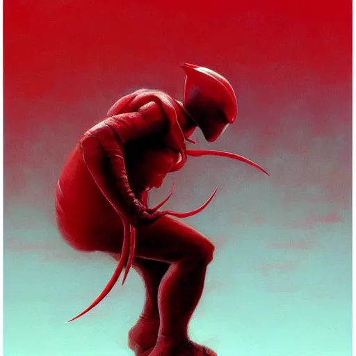 Prompt: the red ninja, side profile, trending on artstation, 8 k, by gerard brom and zdzisław beksinski