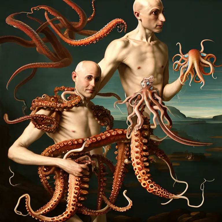 Image similar to young bald man wearing exoskeleton, standing in a shell, holding a squid, octopus, sea in the background, beautiful baroque portrait painting, psychedelic, trippy, hallucination, dream, beautiful detailed intricate insanely detailed octane render trending on Artstation, 8K artistic photography, photorealistic, chiaroscuro, Raphael, Caravaggio