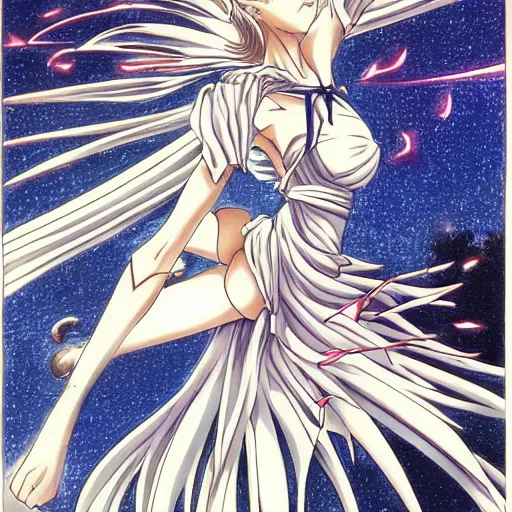 Image similar to it's an anime drawing by takeshi obata, it depicts a woman, lithe and graceful, leaping through the air, with a dozen swords, spinning, flying, and exploding all around her. in the background, the night sky is dark, filled with stars, and the moon is out, shining bright.