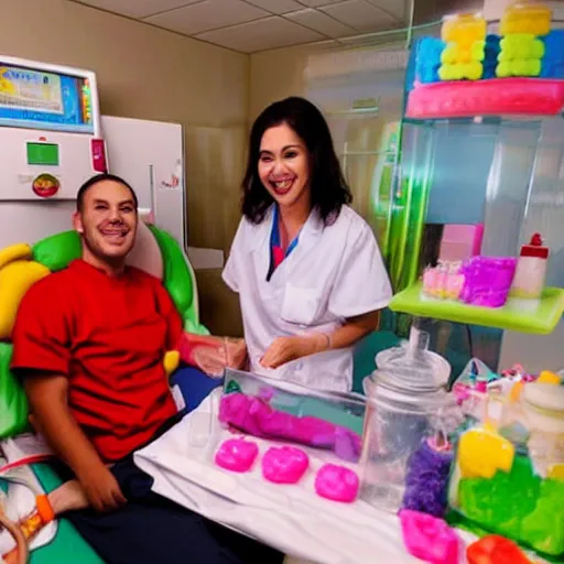 Prompt: photo of a happy patient and nurse in a hospital room made out of soft candy, candy equipment, candy hospital room, candy treatments