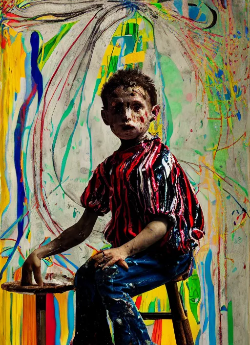 Image similar to portrait of a child harlequin sitting on a stool, by vincent lefevre and hernan bas and pat steir and hilma af klint, psychological, photorealistic, symmetrical face, dripping paint, washy brush, threads, rendered in octane, altermodern, masterpiece