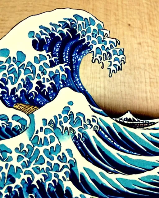 Prompt: an award winning Wood engraving on paper of The Great Wave off Kanagawa