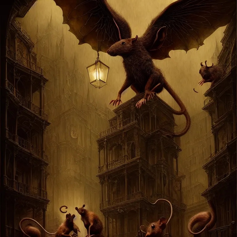 Image similar to epic professional digital art of imposing hungry rats, faint golden moody atmospheric lighting, painted, intricate, detailed, detailed, foreboding, by leesha hannigan, wayne haag, reyna rochin, ignacio fernandez rios, mark ryden, iris van herpen,, epic, stunning, gorgeous, much wow, cinematic, masterpiece.