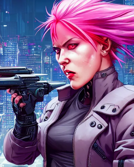 Prompt: a close up portrait of a beautiful single cyberpunk female assassin with pink hair running weapon on a ready shouting and angry overlooking a cyberpunk city in the background, full face portrait composition, 2D drawing by Mike Mignola, Robbie Trevino, ellen jewett, Yoji Shinkawa , face by Artgerm, Ross Tran and WLOP