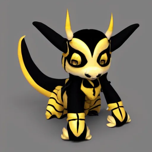 Prompt: a cute fumo plush dragon imp in a traditional patterned black and gold lined uniform, gothic, vray