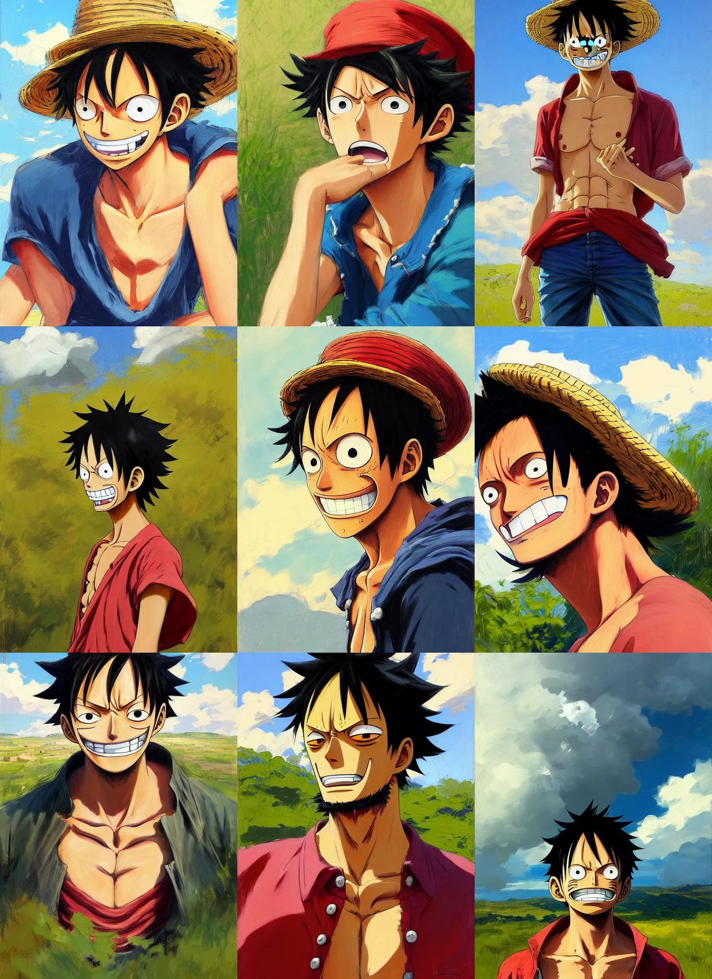 Prompt: portrait of luffy from one piece, mouth closed, countryside, calm, fantasy character portrait, dynamic pose, above view, sunny day, thunder clouds in the sky, artwork by Jeremy Lipkin and Giuseppe Dangelico Pino and Michael Garmash and Rob Rey, very coherent asymmetrical artwork, sharp edges, perfect face, simple form, 100mm