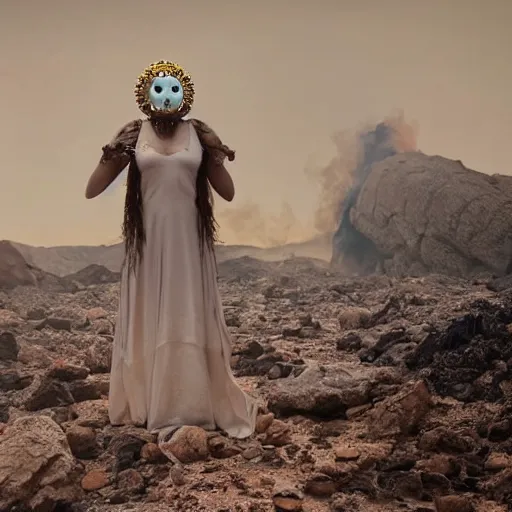 Image similar to The full body shot of beautiful pale woman with white flowers and full-face golden occult mask and glowing eyes in a rocky desert landscape, multiple eyes, thick smoke and fire around her, volumetric lighting, occult atmosphere, by Denis Villeneuve, Lubezki, Gaspar Noe and Alejandro Jodorowsky, anamorphic lens, anamorphic lens flares, kodakchrome, cinematic composition, practical effects, award winning photo, 8k, detailed 85mm f/1.4