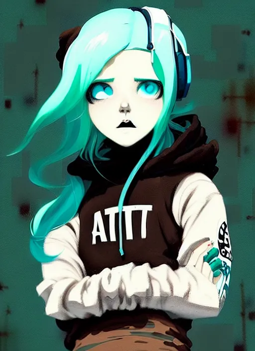 Image similar to highly detailed portrait of a urban punk lady student, blue eyes, hoodie, white hair by atey ghailan, by greg rutkowski, by greg tocchini, by james gilleard, by joe fenton, by kaethe butcher, gradient green, black, brown and teal color scheme, grunge aesthetic!!! ( ( graffiti tag wall background ) )