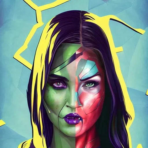 Prompt: Megan Fox as gamora (Guardians of the Galaxy) by Sandra Chevrier, beeple, Pi-Slices and Kidmograph, beautiful digital illustration