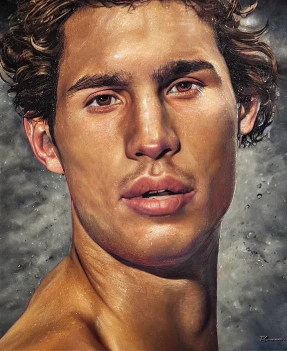 Prompt: portrait of a handsome young brazilian swimmer, art by denys tsiperko and bogdan rezunenko, hyperrealism