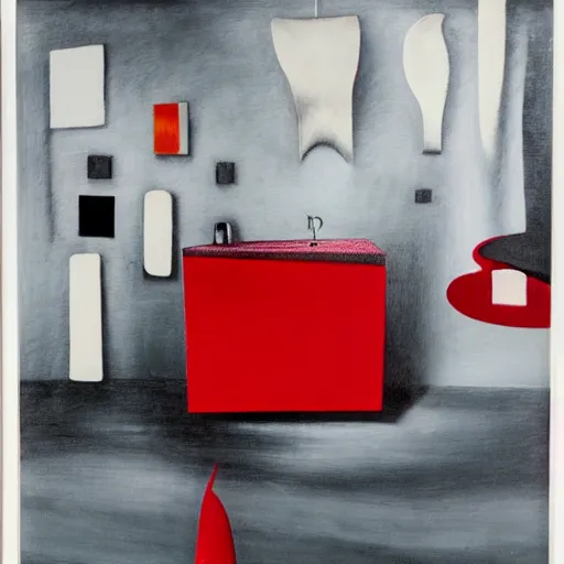 Image similar to red kitchen, by yves tanguy