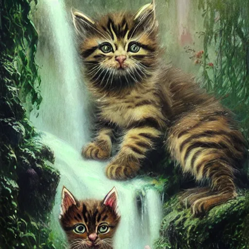 Image similar to two kittens watching the waterfall in the enchanted forest, fantasy, intricate, extremely detailed, face enhance, matte, artstation, art by louis wain, greg rutkowski