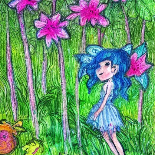 Prompt: tiny fairies playing hide and seek in a dense floral forest, green, colourful, playful, drawing, impressionism